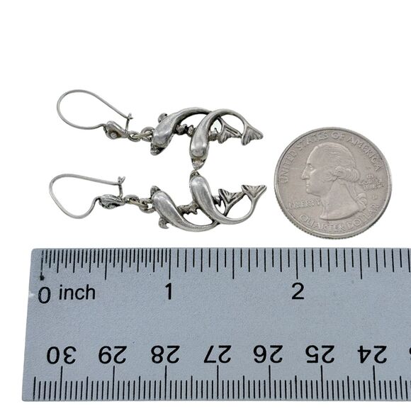 Vintage Sterling Silver 925 Dolphins Swimming Dangle Earrings - Picture 4 of 5